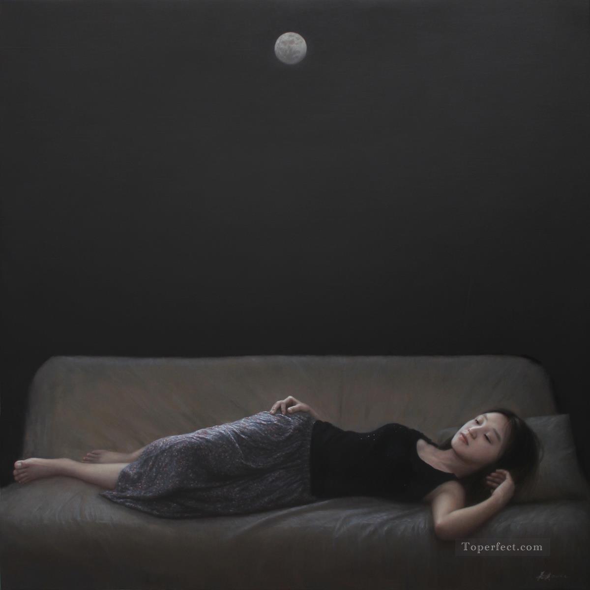 静けさの夜の反射中国の女の子油絵